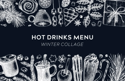 Hot drinks menu design. Mulled wine, coffee, hot chocolate, cocoa vector sketches. Christmas design template. Winter drinks and sweets frame template. Trendy food background in collage style